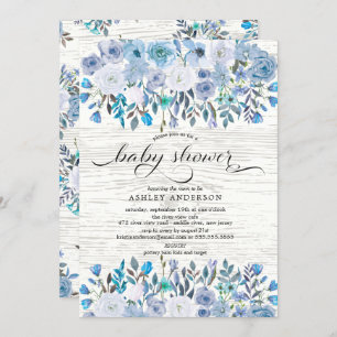 Rustic Light Blue Watercolor Floral Baby Shower Invitation