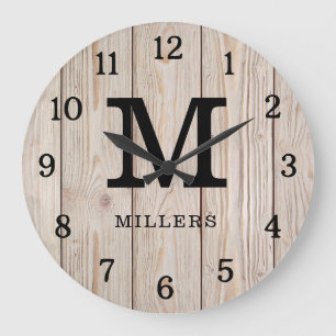 Rustic Light Brown Wood Family Name Monogrammed Large Clock