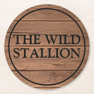 Rustic Light Brown Wood Faux Engraved Name Bar Round Paper Coaster