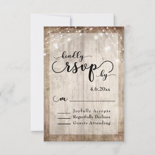 Rustic Light Brown Wood  Lights Wedding RSVP 1