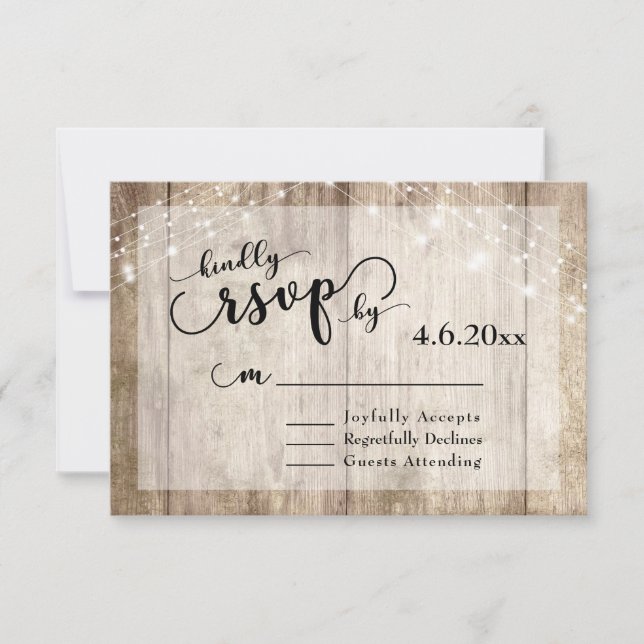 Rustic Light Brown Wood & Lights Wedding RSVP 2 (Front)