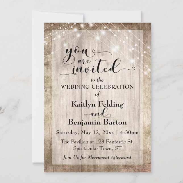 Rustic Light Brown Wood w/ Light Strings, Wedding Invitation (Front)