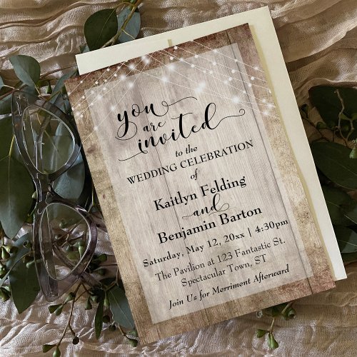 Rustic Light Brown Wood w Light Strings Wedding Invitation