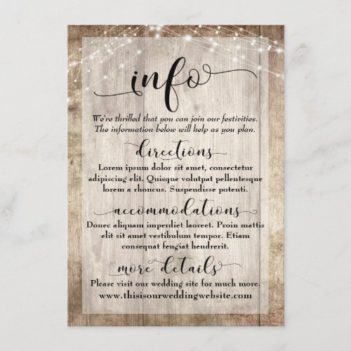 Rustic Light Brown Wood w Lights Wedding Info Enclosure Card