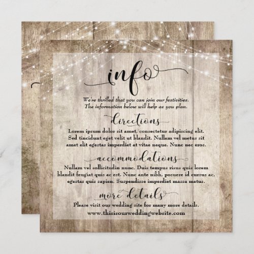 Rustic Light Brown Wood w Lights Wedding Info Invitation