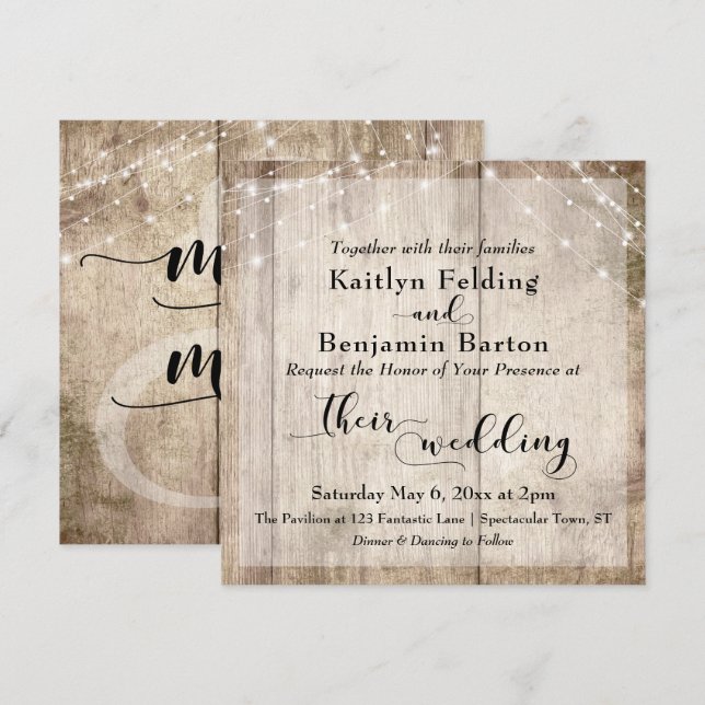 Rustic Light Brown Wood & White Lights Wedding 2 Invitation (Front/Back)