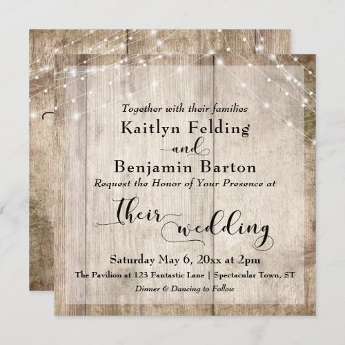 Rustic Light Brown Wood  White Lights Wedding 2 Invitation