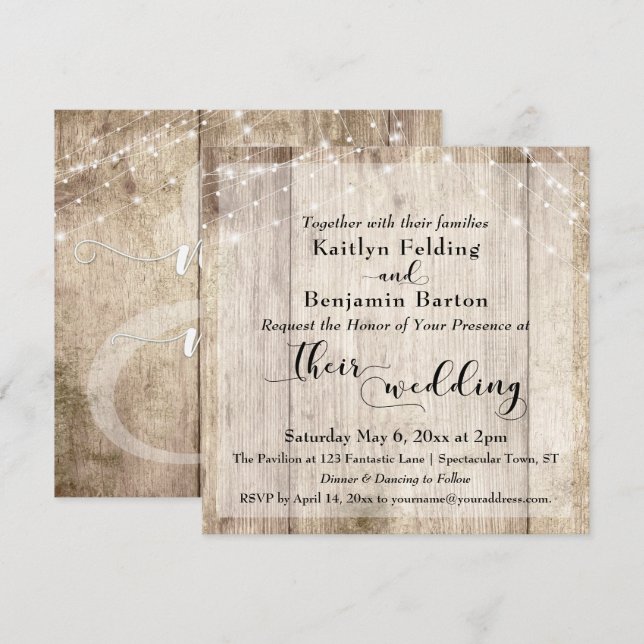 Rustic Light Brown Wood & White Lights Wedding 3 Invitation (Front/Back)