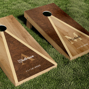 Rustic Light & Dark Wood Wedding Couple's Names Cornhole Set