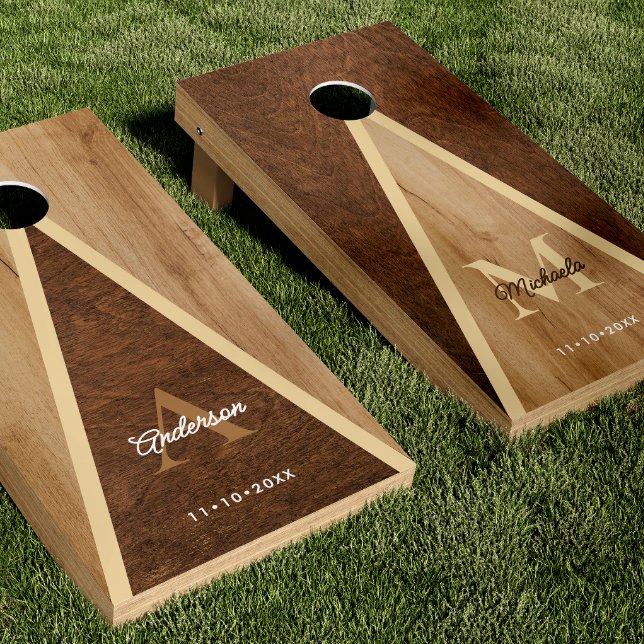 Rustic Light & Dark Wood Wedding Couple's Names Cornhole Set (Creator Uploaded)