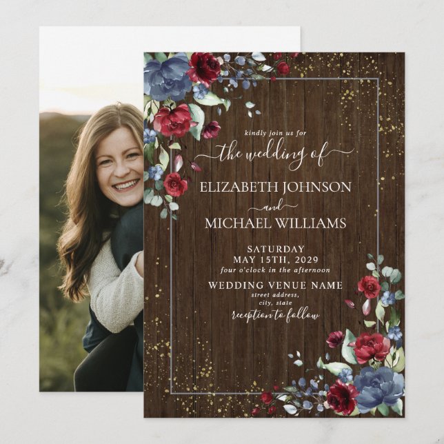 Rustic Light Dusty Blue Burgundy Wood Photo Invitation (Front/Back)