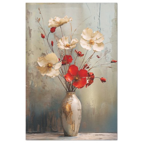 Rustic Light Gray Blue Beige  Red Flowers  Vase Tissue Paper