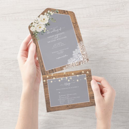 Rustic Light Gray White Floral Wood Wedding All In One Invitation