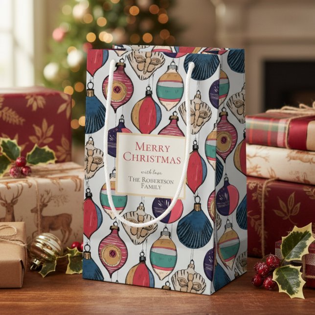 Rustic Light Gray Xmas Ornaments Small Gift Bag (Colorful Light Gray Vintage Ornaments Xmas Wrapping Paper. Retro Chic Xmas Holiday Season Pattern)