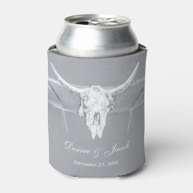 Rustic Light Grey White Western Cow Skull Napkins Can Cooler (Can Front)