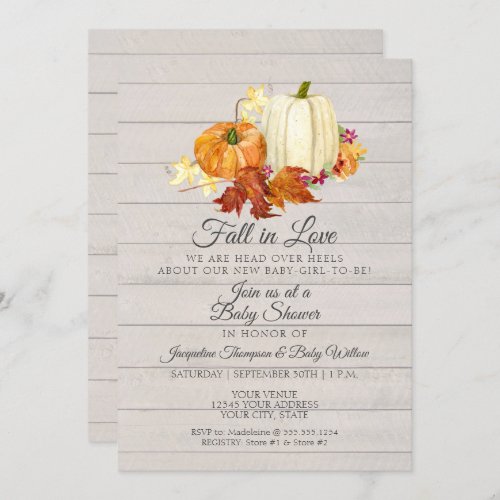 Rustic Light Grey Wooden Pumpkin Girl Baby Shower Invitation