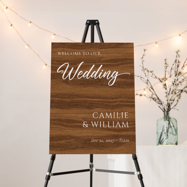 Rustic Light Oak Wood Modern Wedding Welcome Sign (In Situ (Stand))