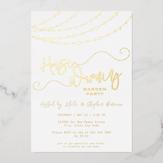 Rustic Light String White Housewarming Party Gold Foil Invitation (Front)
