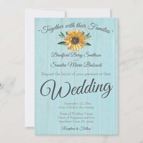 Rustic Light Teal Blue Barn Wood Sunflower Wedding Invitation