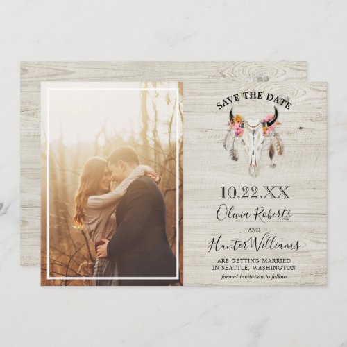Rustic Light Wood Antler Photo Save the Date  Invitation