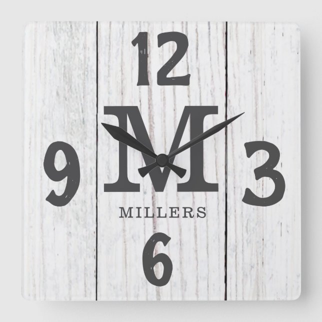 Rustic Light Wood Family Name Monogram Farmhouse Square Wall Clock (Front)