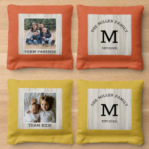 Rustic Light Wood Family Name Monogram Team Photo Cornhole Bags