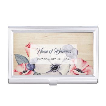 Rustic Light Wood Summer Blossom And Blueberries Business Card Case by GirlyBusinessCards at Zazzle