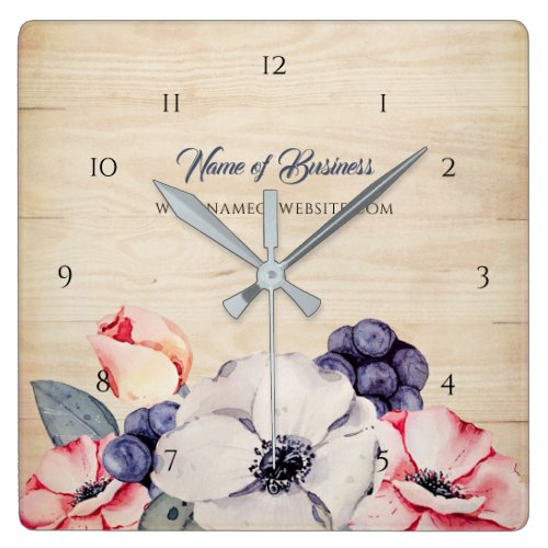 Rustic Light Wood Summer Blossom and Blueberries Square Wall Clock