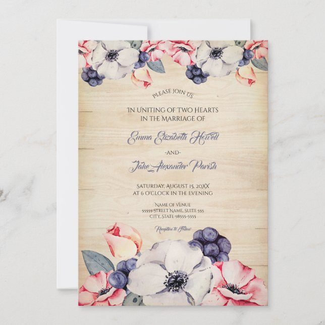 Rustic Light Wood Summer Blueberry Blossom Wedding Invitation (Front)