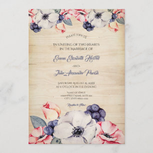 Rustic Light Wood Summer Blueberry Blossom Wedding Invitation