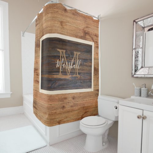 Rustic Light Wood Tone Monogram Rectangle Shower Curtain