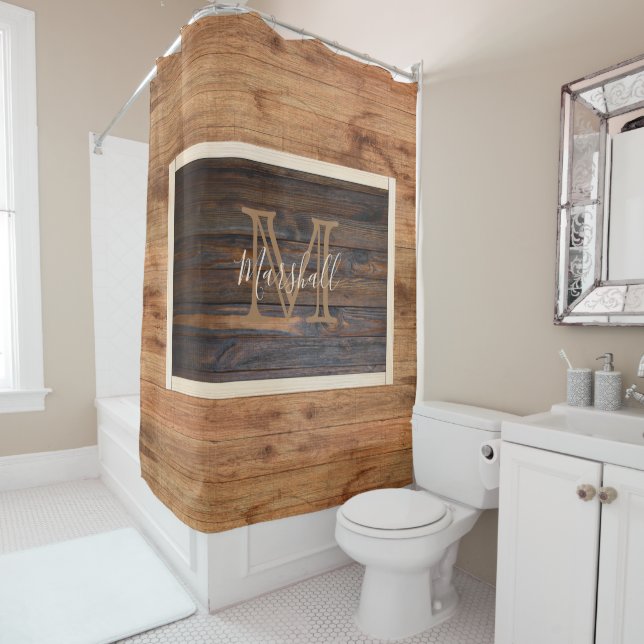 Rustic Light Wood Tone Monogram Rectangle Shower Curtain (In Situ)
