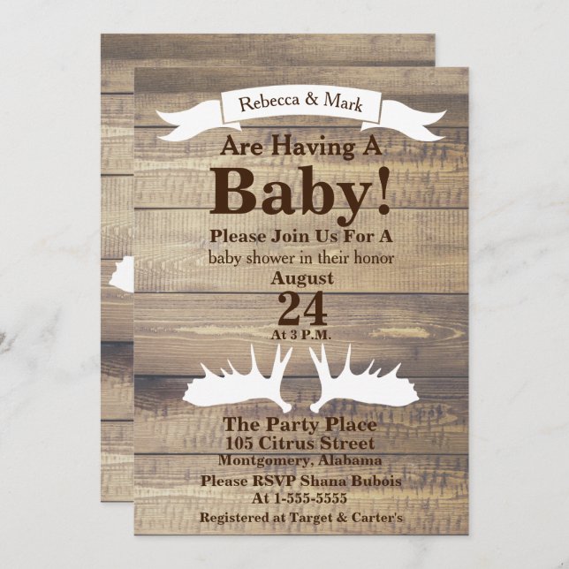 Rustic Light Wood & White Moose Antlers Ribbon Invitation (Front/Back)