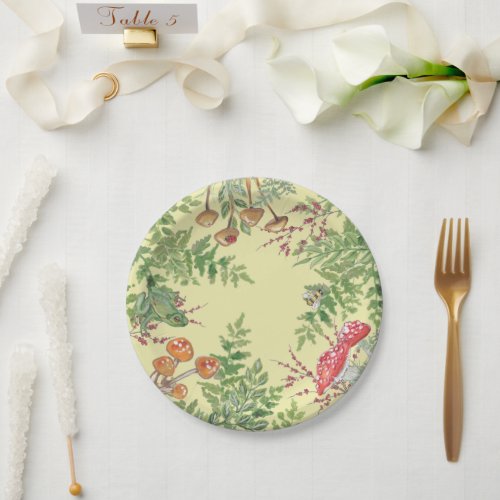 Rustic Light Yellow Woodland Frog Bee Mushroom  Paper Plates