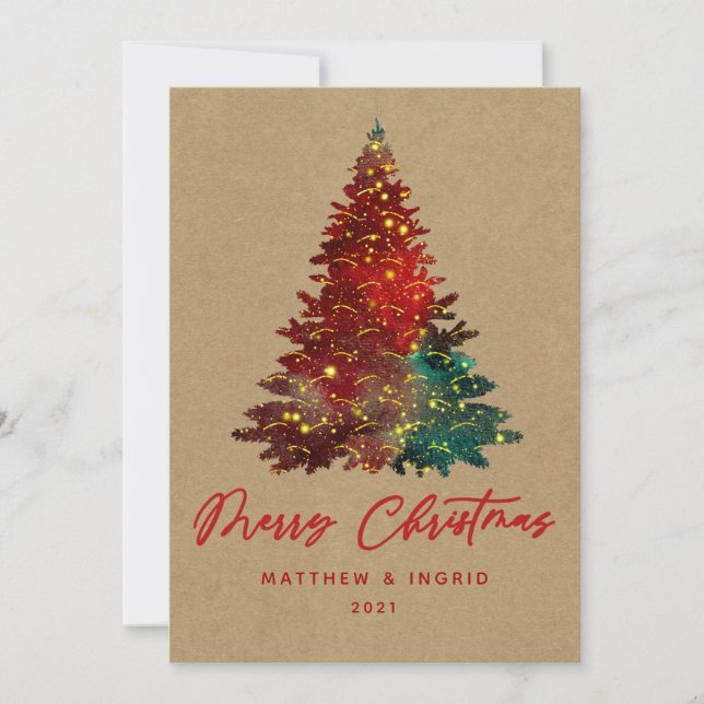 Rustic Lighted Christmas Tree Kraft Holiday Card (Front)