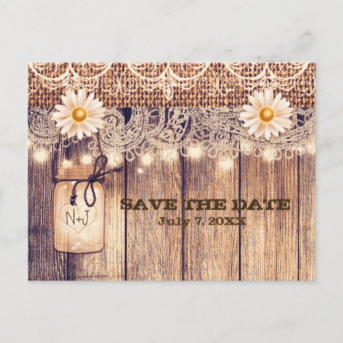 Rustic Lighted Mason Jar  Daisies Save the Date Announcement Postcard