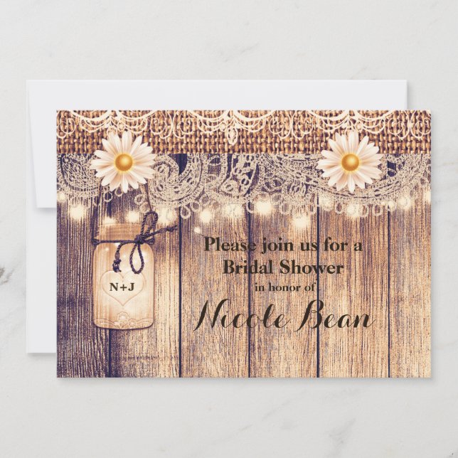 Rustic Lighted Mason Jars Daisies Bridal Shower Invitation (Front)