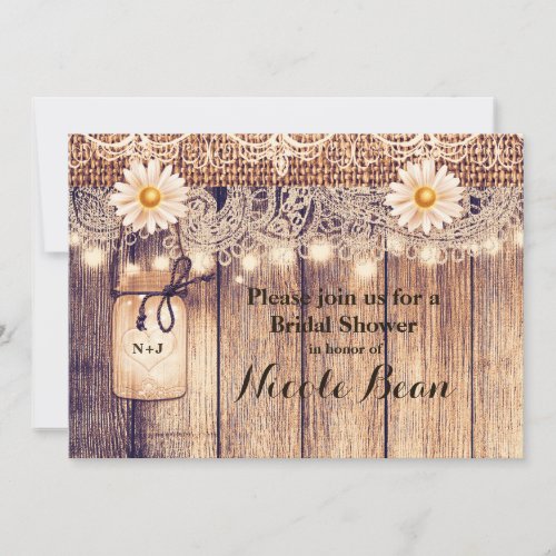 Rustic Lighted Mason Jars Daisies Bridal Shower Invitation