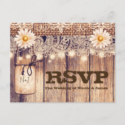 Rustic Lighted Mason Jars Daisies  Lace RSVP Invitation Postcard