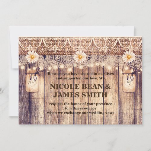 Rustic Lighted Mason Jars Daisies  Lace Wedding Invitation