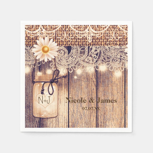 Rustic Lighted Mason Jars Daisies & Lace Wedding Paper Napkins (Front)