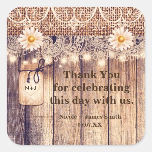 Rustic Lighted Mason Jars Daisies  Lace Wedding Square Sticker