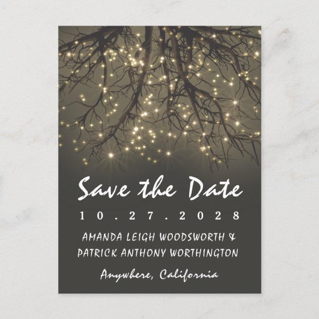 Rustic Lighted Tree Branch Save The Date Cards (Front)