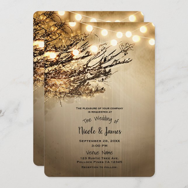 Rustic Lighted Tree Branches & Lights Wedding Invitation (Front/Back)