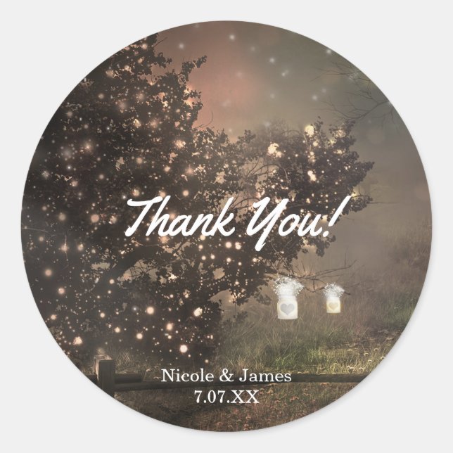 Rustic Lighted Tree in Field Wedding Favor Classic Round Sticker (Front)