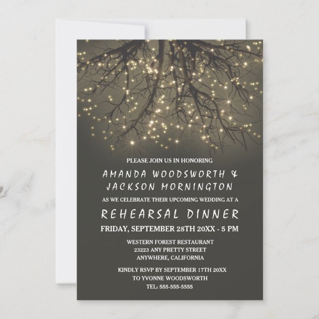 Rustic Lighted Tree Rehearsal Dinner Invitations (Front)