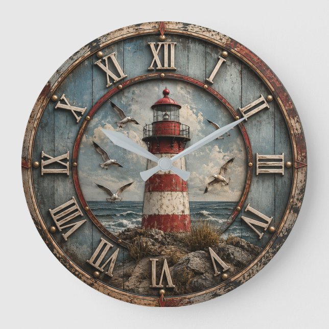 Rustic Lighthouse Coastal Nautical Beach House  Large Clock (Front)