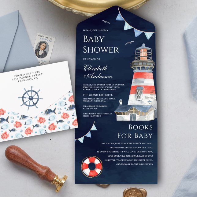 Rustic Lighthouse Nautical Navy Blue Baby Shower All In One Invitation (Creator Uploaded)