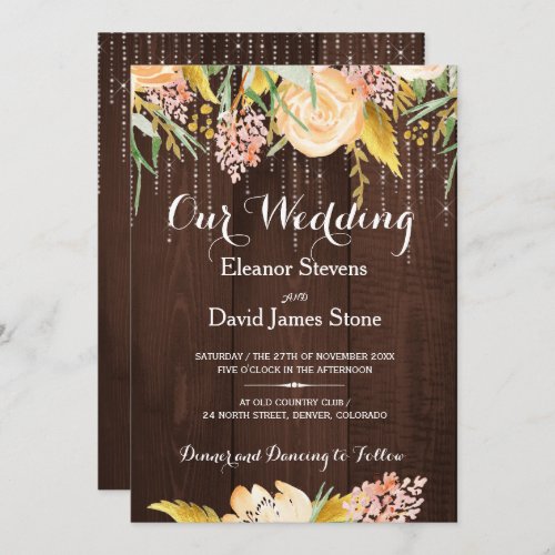 Rustic lights barn wood botanical floral wedding invitation