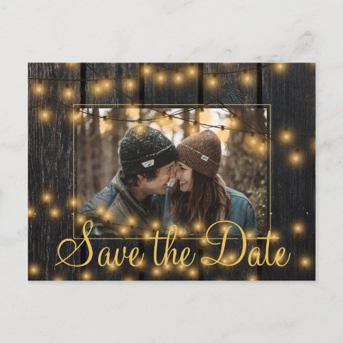 Rustic lights barn wood photo save date wedding announcement postcard